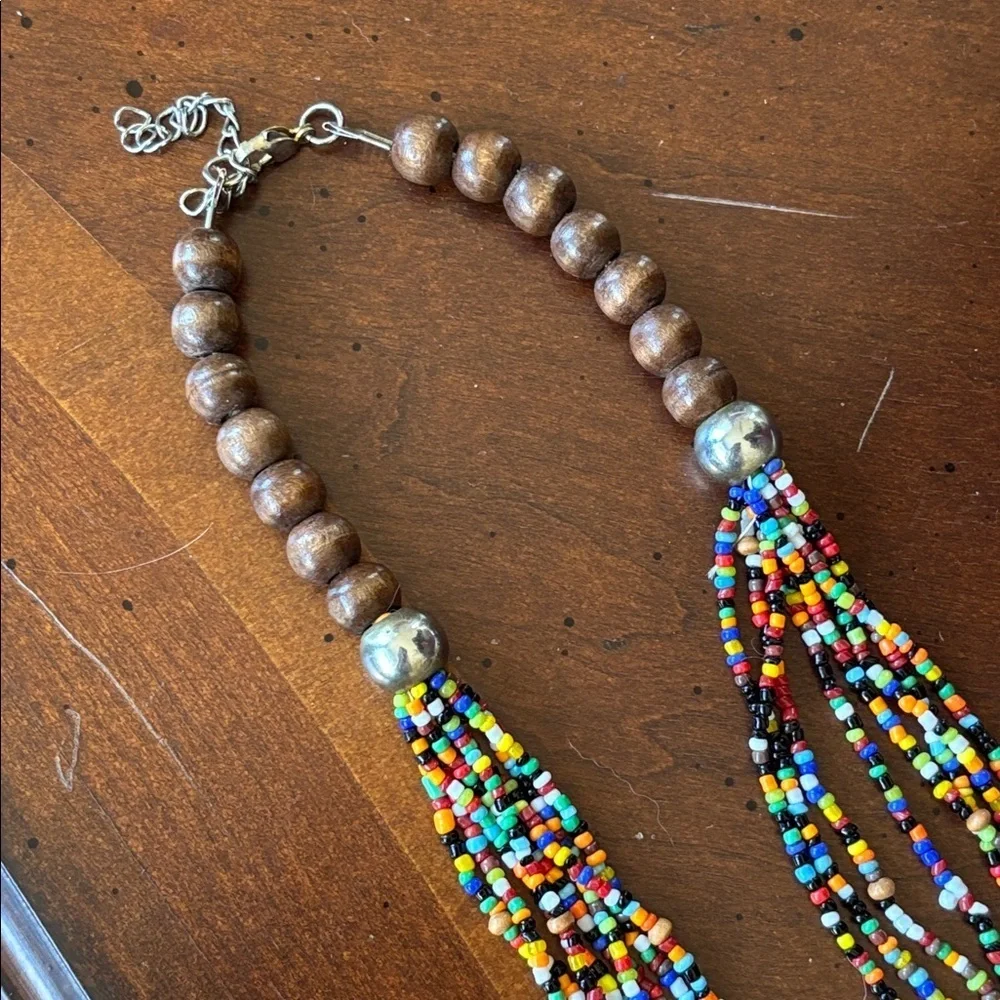 Vintage Seed Beaded Multi-Strand Long Wood Bead Colorful & Teardrop Earrings
